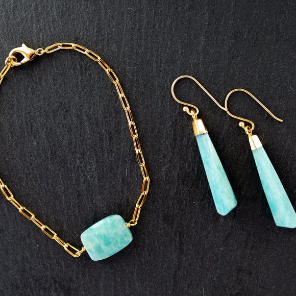 Stunning Amazonite Gemstone Bracelet on Gold Link Chain Beautiful Bracelet Gift - Picture 3 of 6